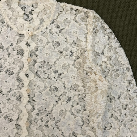 White Lace Mock Neck Button Up Blouse - Picture 7 of 15